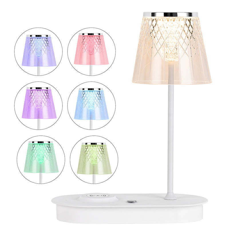 Transparent skugga LED -skrivbordslampa med trådlös laddare